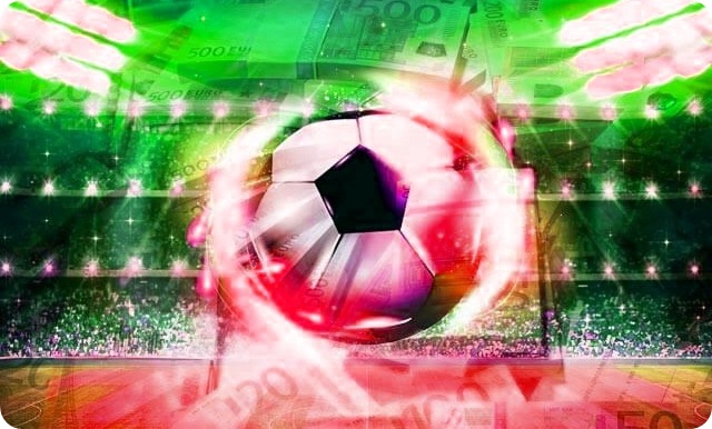 Um balão num estádio com notas de euro como pano de fundo